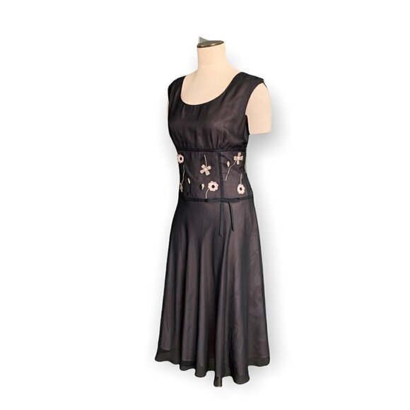 London Times Plus Sz 14 Sheer Black Lined Chiffon Dress Flower Appliqués #224C - Picture 3 of 7